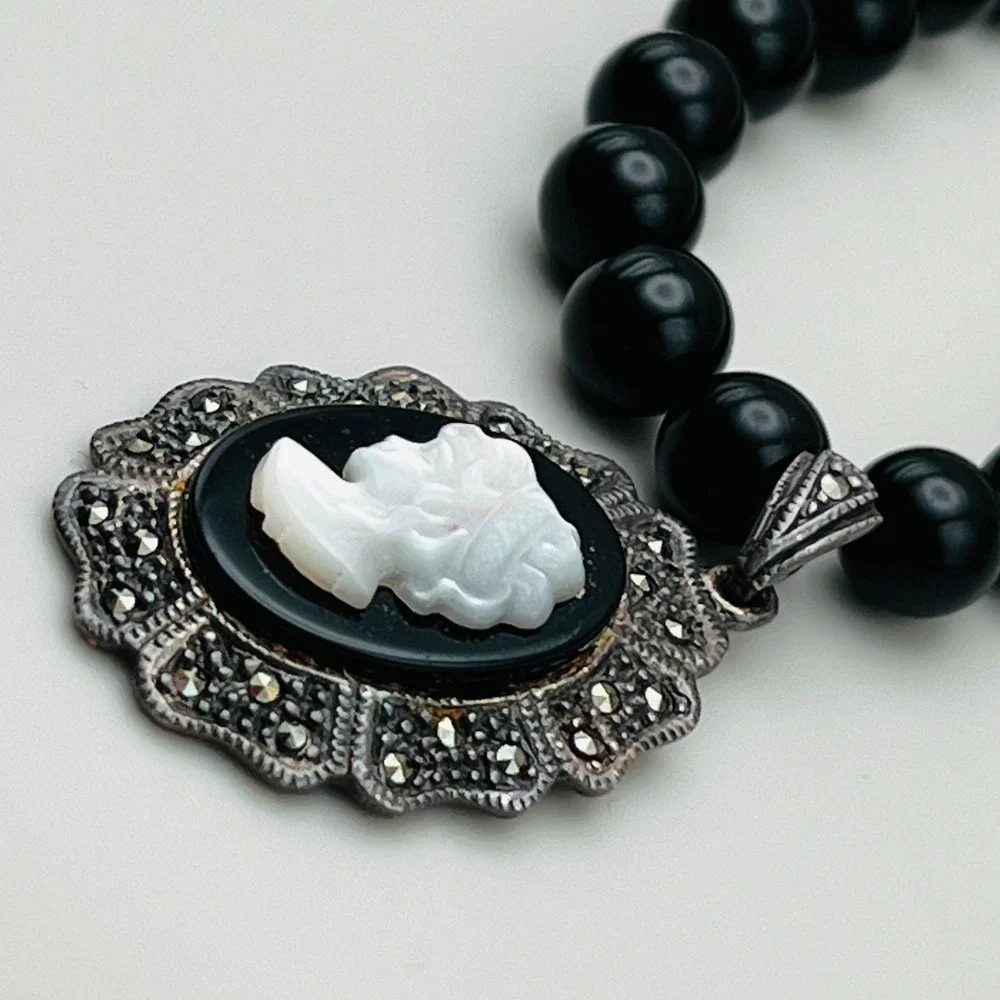 Vintage Mother of Pearl Cameo Sterling Silver Marcasite Frame Black Beaded Chain
